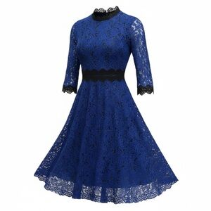Cobalt Blue & Black Lace Midi Dress – Elegant Flare, Size 4